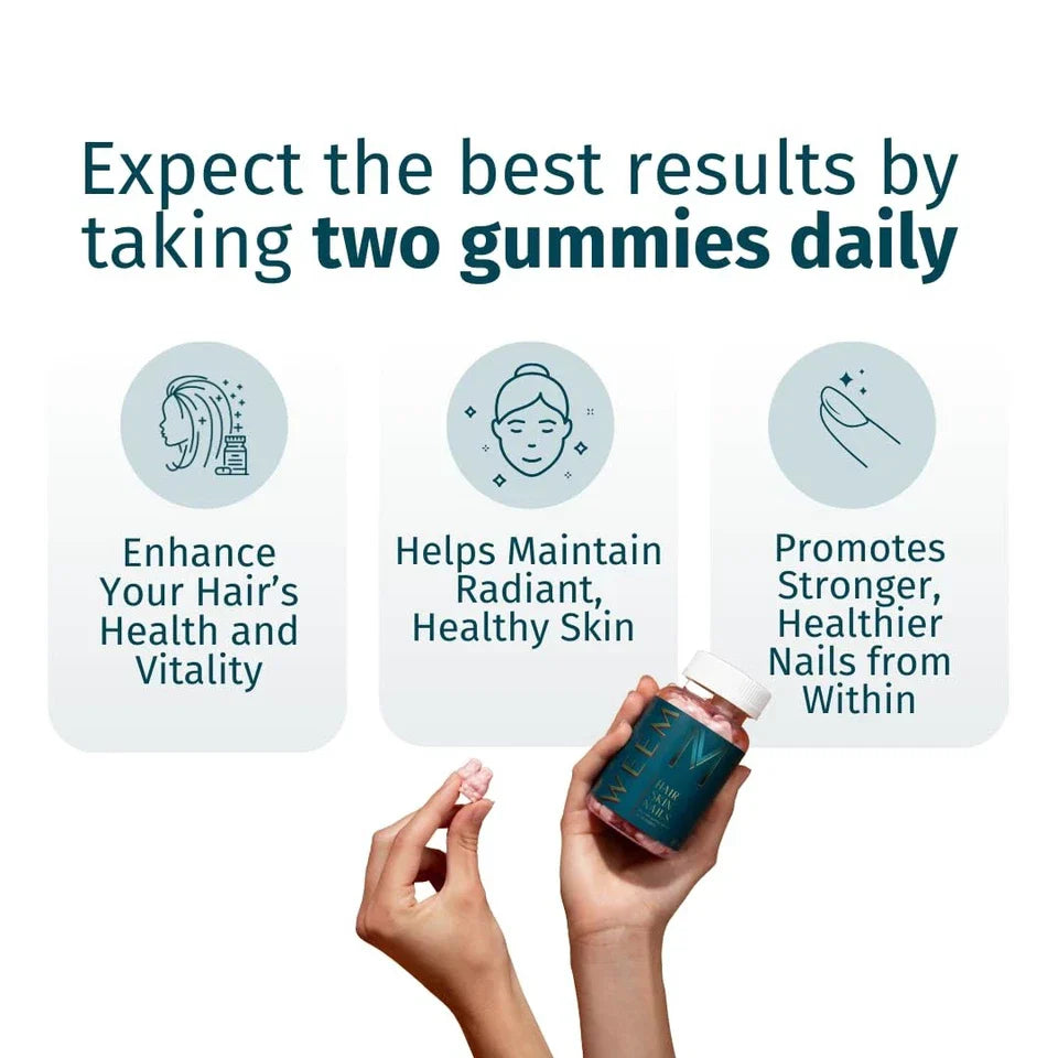 WEEM Hair Skin and Nails Gummies - Supports Healthy Hair - Vegan biotin Vitamins for Women &amp; Men Supports Faster Hair Growth, Stronger Nails, Healthy Skin, Extra Strength (3)