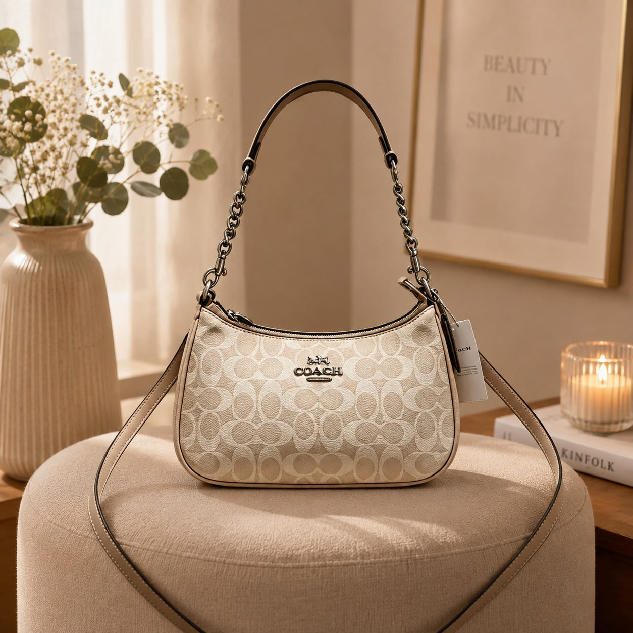Coach Teri Shoulder Bag In Signature Canvas Silver /Sand/Taupe CV933 NWT