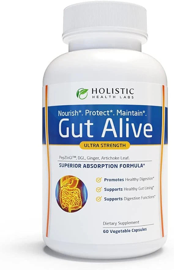 Gut Alive - All Natural Support to Fight IBS, Heartburn, Acid Indigestion, Acid Reflux, Bloating & Gas. Unique Formulation  60 Count
