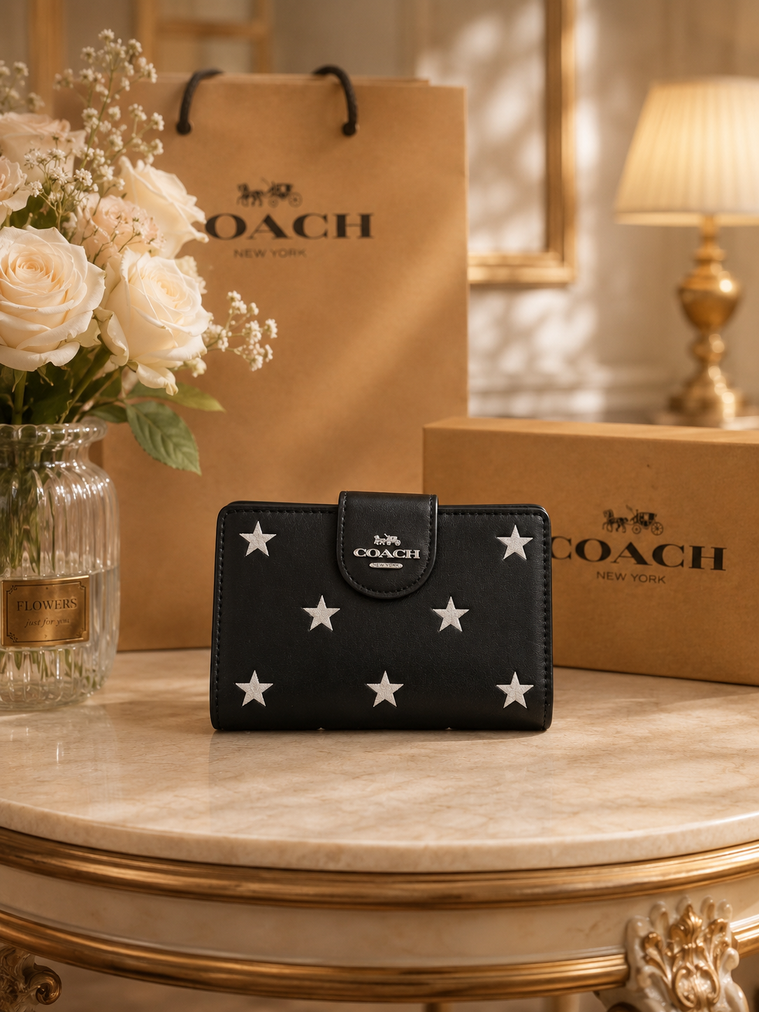 NEW COACH Medium Corner Zip Wallet With Star Print CW530 Black