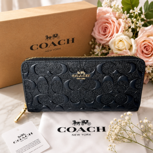Coach F53834 Black Embossed Signature Leather Zip Long Wallet