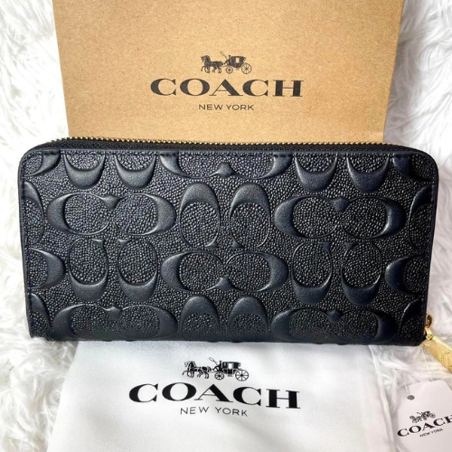 Coach F53834 Black Embossed Signature Leather Zip Long Wallet