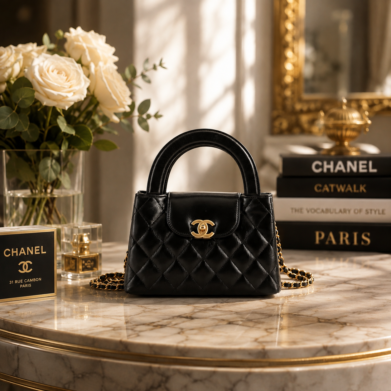 Chanel Kelly Top Handle Shopping Bag Quilted Shiny Aged Calfskin Mini