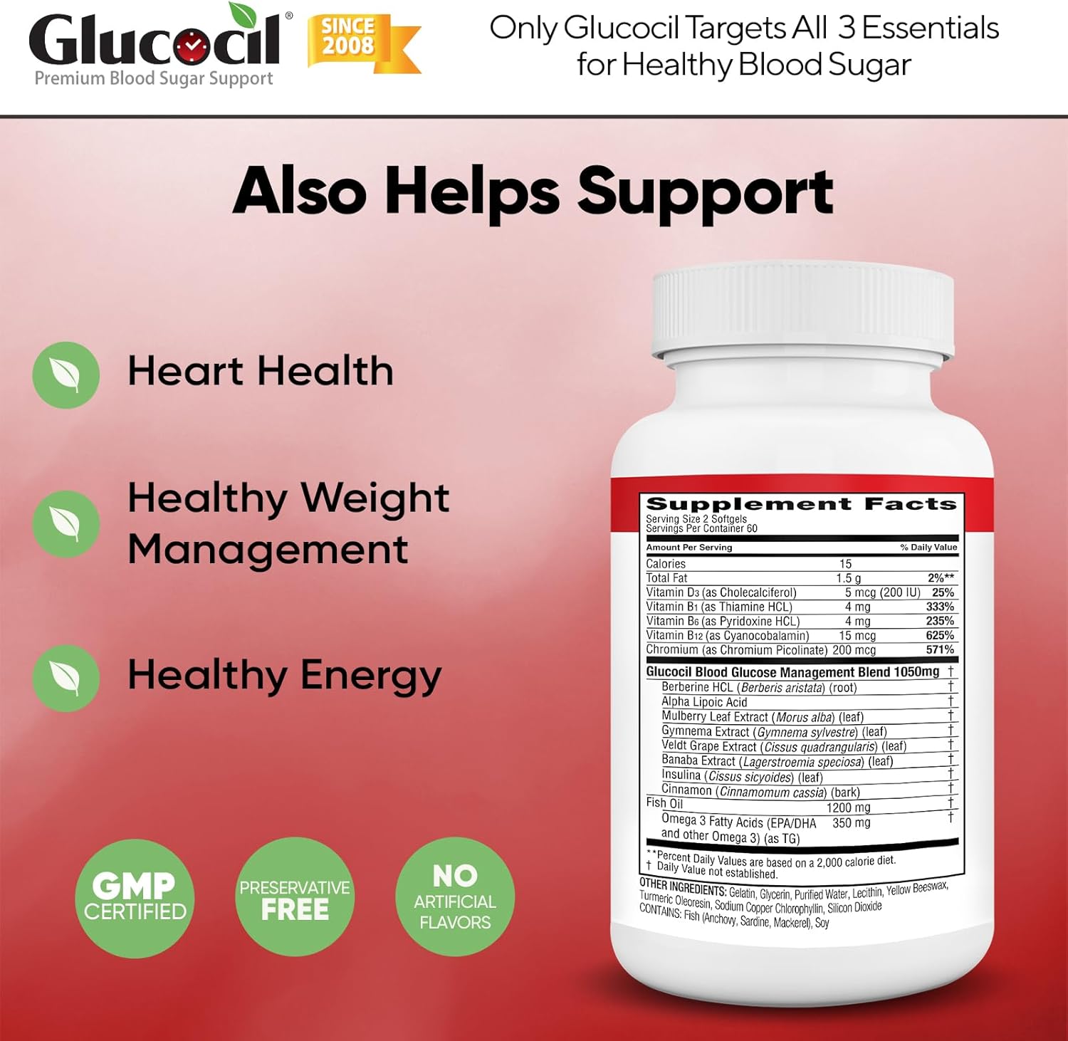 Glucocil 30-Day Supply 120CT Premium Blood Sugar Support