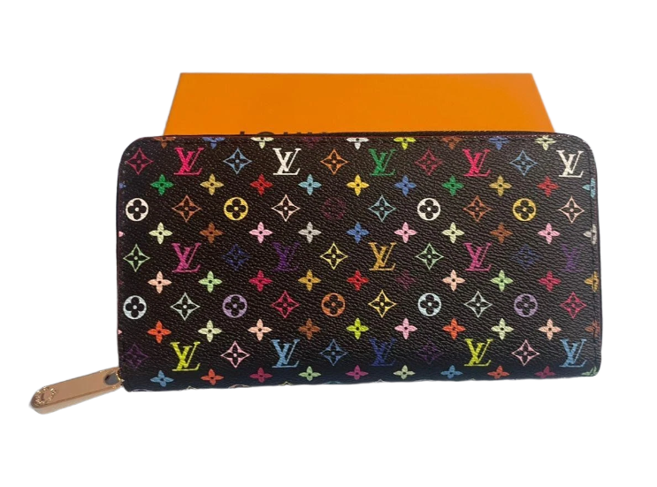 LOUIS VUITTON X Murakami Black MultiColor Full Zip Wallet Pink Interior