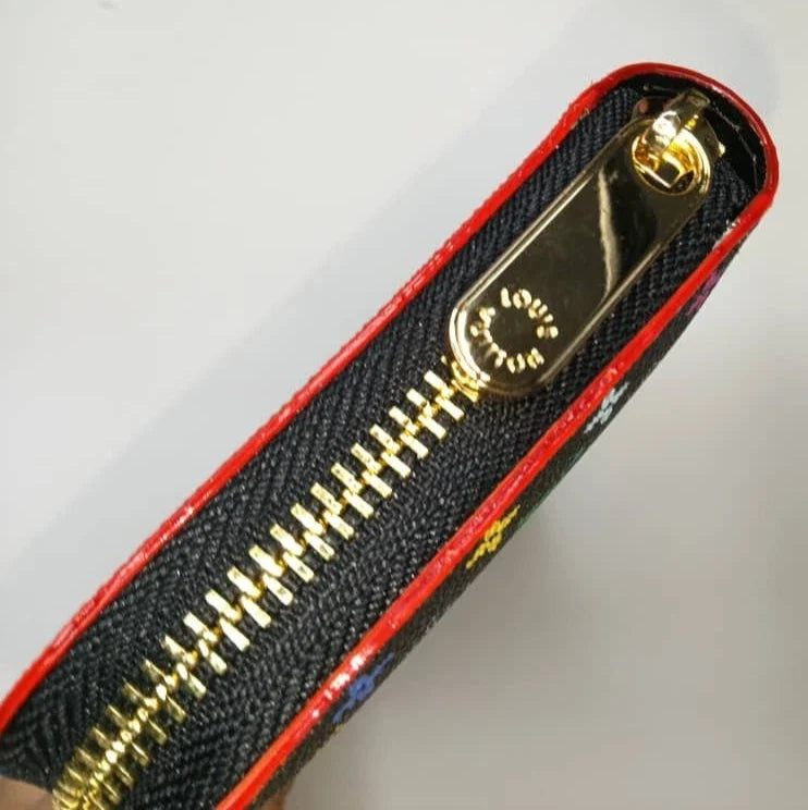 LOUIS VUITTON X Murakami Black MultiColor Full Zip Wallet Pink Interior