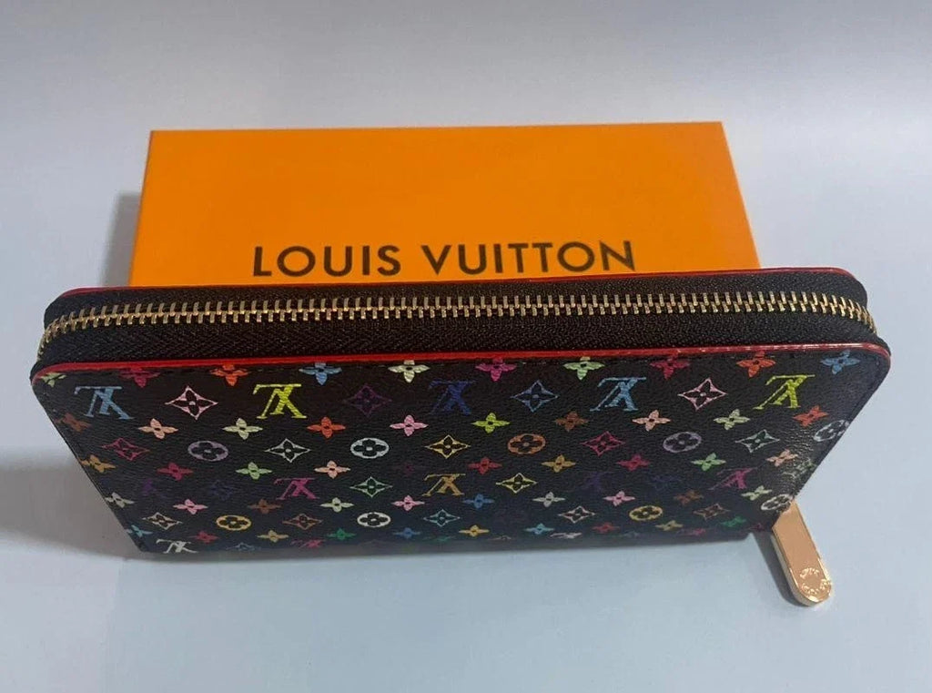 LOUIS VUITTON X Murakami Black MultiColor Full Zip Wallet Pink Interior