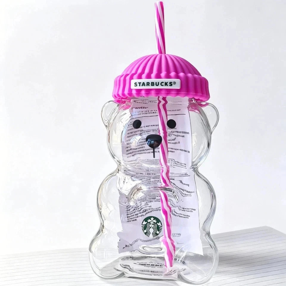 2026 Starbucks Bearista Rose Red Bear Glass Tumbler Cold Cup w/ Straw