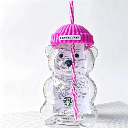 2026 Starbucks Bearista Rose Red Bear Glass Tumbler Cold Cup w/ Straw